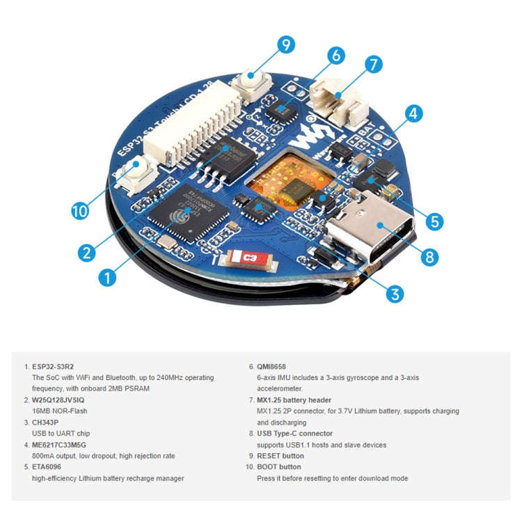Waveshare 25098 ESP32-S3 1.28-Inch Round Touch LCD Development Board