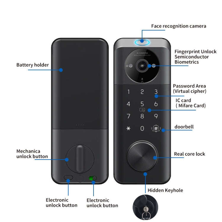 C95 Smart Fingerprint Deadbolt Lock Supports Bluetooth WiFi APP, 5 Ways To Unlock, With Camera Do...