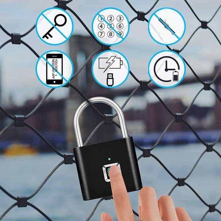 Smart Fingerprint Rechargeable Padlock Waterproof Morse Code Emergency Unlocking(Matte Black)
