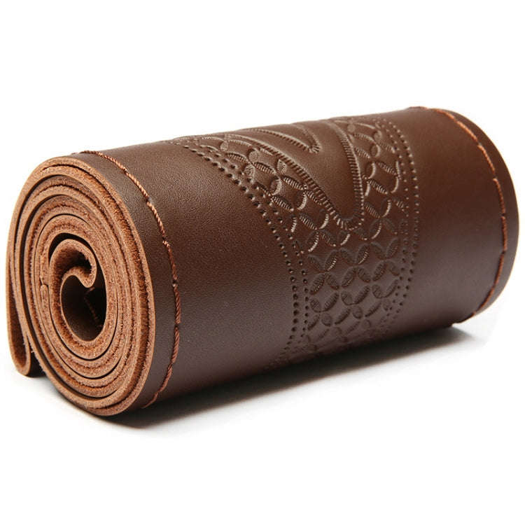 38cm Four-Season Embossed Hand-Sewn Cowhide Steering Wheel Cover(Coffee)