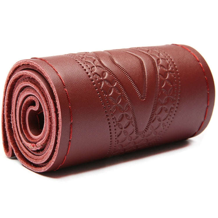 38cm Four-Season Embossed Hand-Sewn Cowhide Steering Wheel Cover(Wine Red)