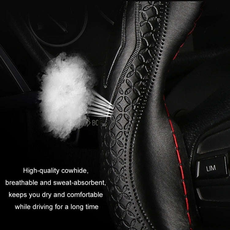 38cm Four-Season Embossed Hand-Sewn Cowhide Steering Wheel Cover(Wine Red)