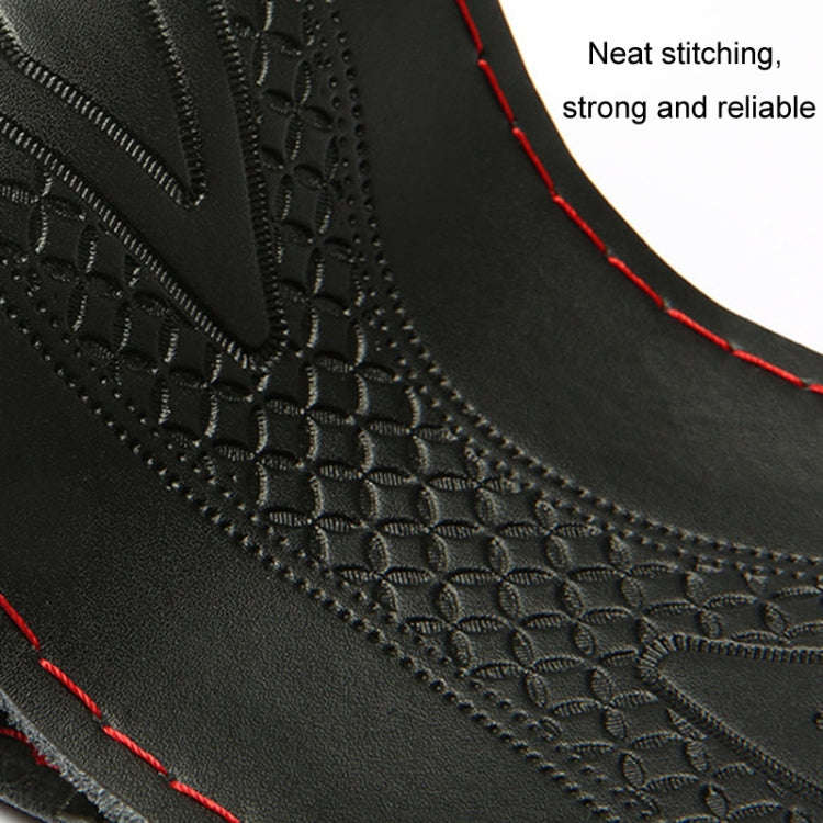 38cm Four-Season Embossed Hand-Sewn Cowhide Steering Wheel Cover(Black+Red Line)