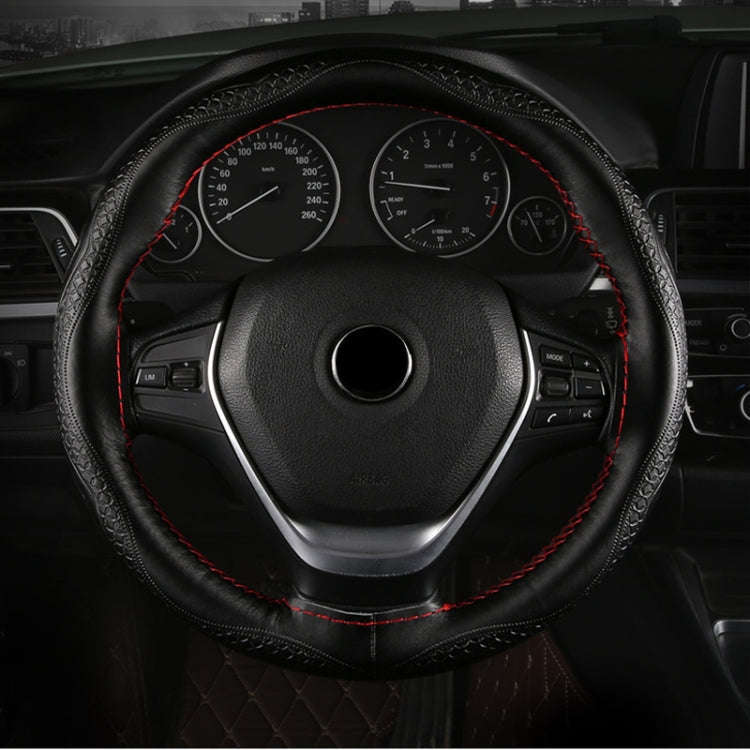 38cm Four-Season Embossed Hand-Sewn Cowhide Steering Wheel Cover(Wine Red)
