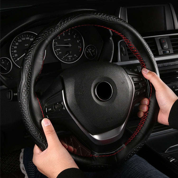 38cm Four-Season Embossed Hand-Sewn Cowhide Steering Wheel Cover(Wine Red)