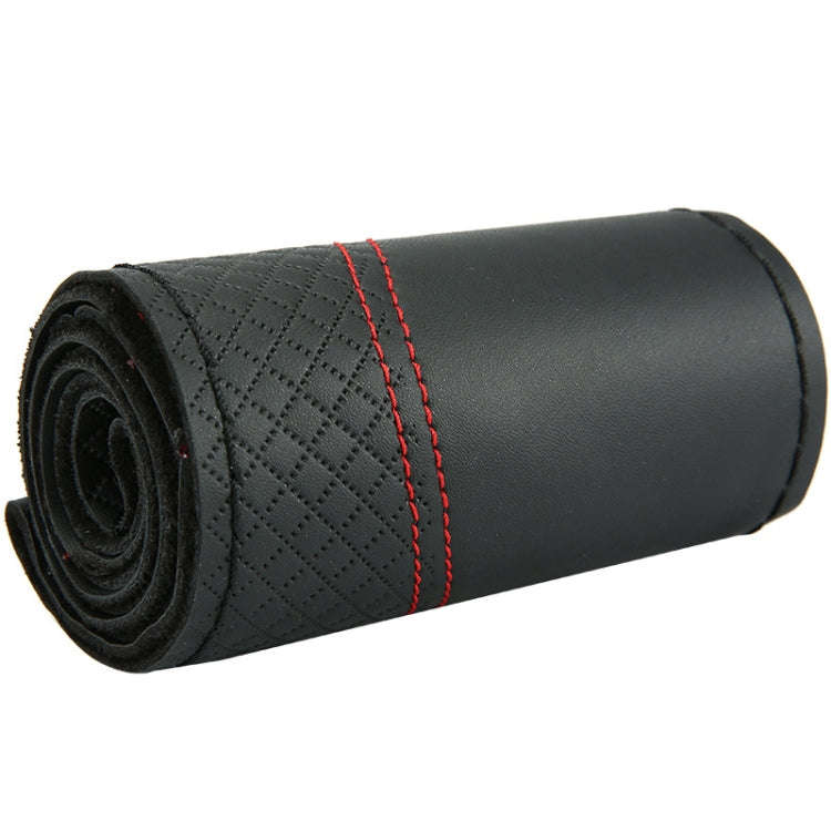 38cm Cowhide Embossed Hand-Stitched Double-Line Steering Wheel Cover(Black Red Line)