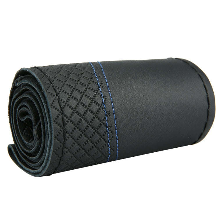 38cm Cowhide Embossed Hand-Stitched Double-Line Steering Wheel Cover(Black Blue Line)