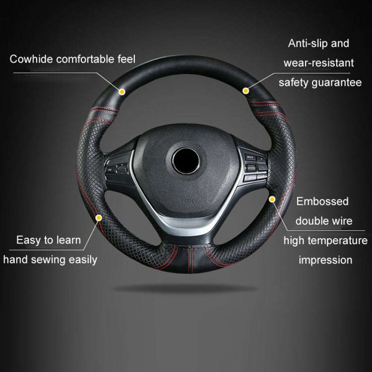 38cm Cowhide Embossed Hand-Stitched Double-Line Steering Wheel Cover(Black Red Line)