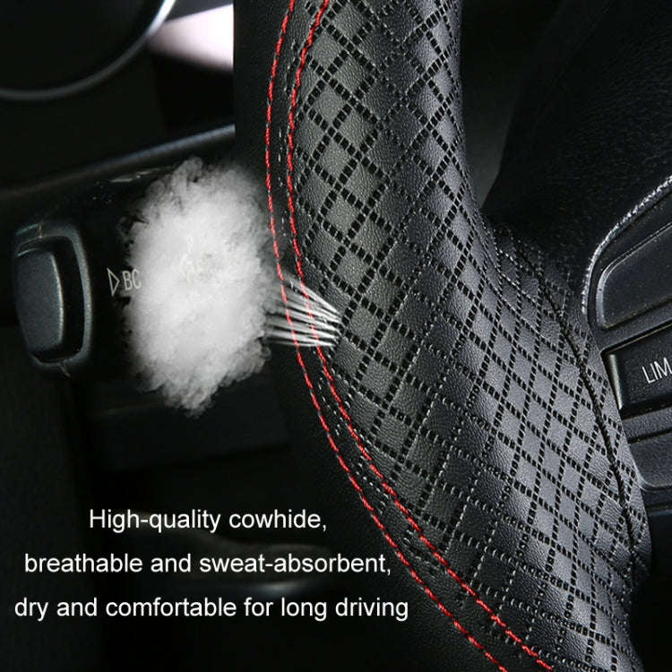 38cm Cowhide Embossed Hand-Stitched Double-Line Steering Wheel Cover(Black Red Line)