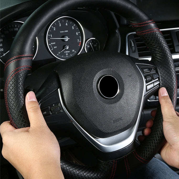 38cm Cowhide Embossed Hand-Stitched Double-Line Steering Wheel Cover(Black Red Line)