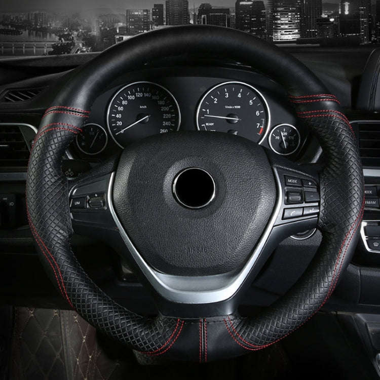 38cm Cowhide Embossed Hand-Stitched Double-Line Steering Wheel Cover(Black Red Line)