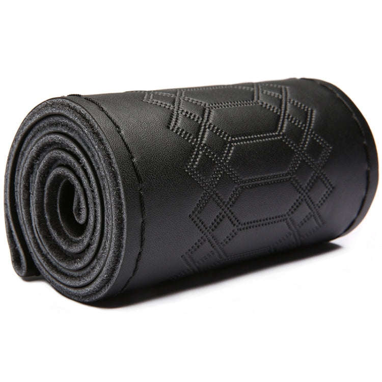 38cm Four-season Embossed Hand-sewn Cowhide Steering Wheel Cover(Black+Black Line)