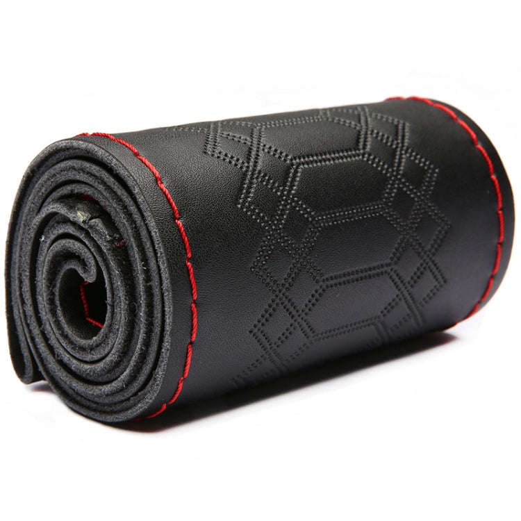 38cm Four-season Embossed Hand-sewn Cowhide Steering Wheel Cover(Black+Red Line)
