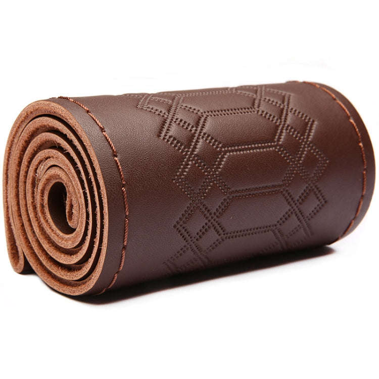 38cm Four-season Embossed Hand-sewn Cowhide Steering Wheel Cover(Coffee)