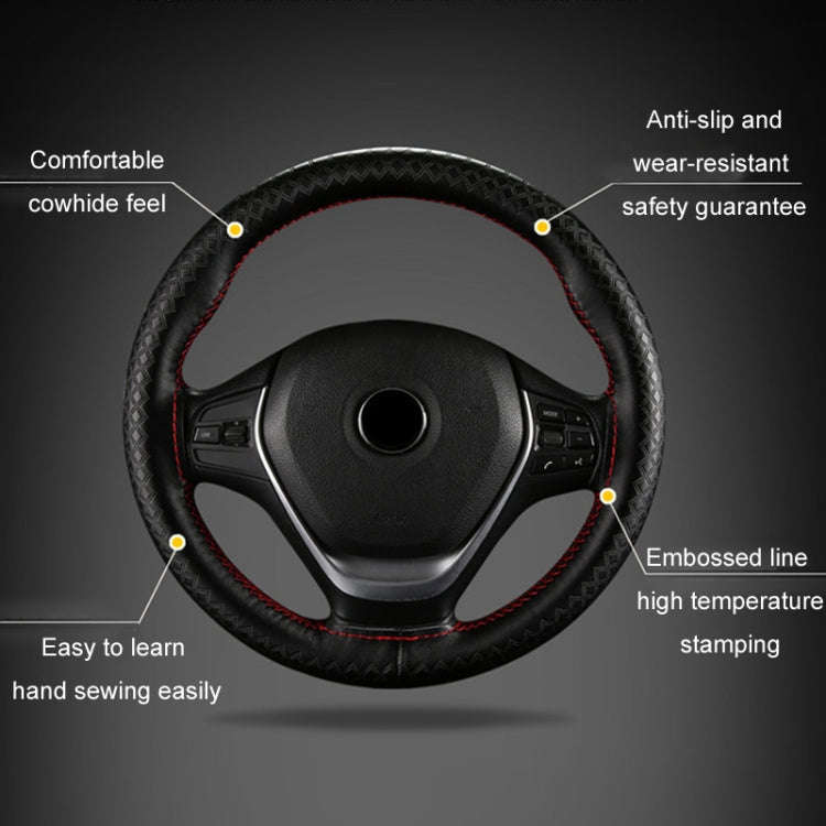 38cm Four-season Embossed Hand-sewn Cowhide Steering Wheel Cover(Black+Red Line)