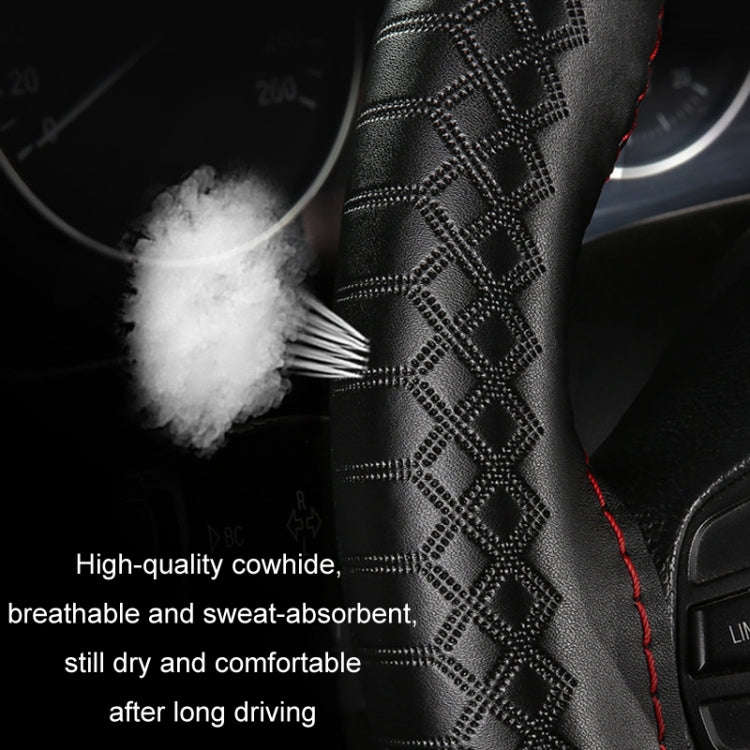 38cm Four-season Embossed Hand-sewn Cowhide Steering Wheel Cover(Black+Red Line)