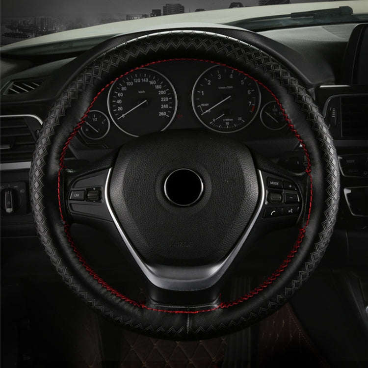 38cm Four-season Embossed Hand-sewn Cowhide Steering Wheel Cover(Black+Red Line)