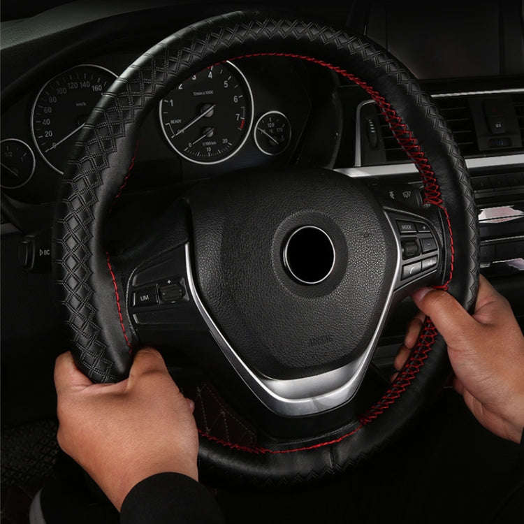38cm Four-season Embossed Hand-sewn Cowhide Steering Wheel Cover(Black+Red Line)