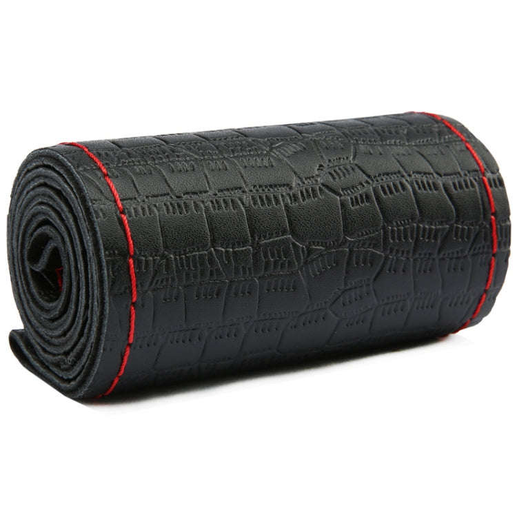 38cm Four-season Embossed Cowhide Hand-sewn Steering Wheel Cover(Black+Red Line)