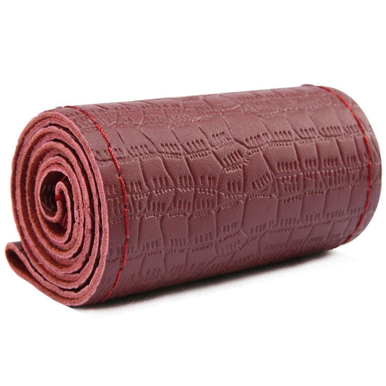 38cm Four-season Embossed Cowhide Hand-sewn Steering Wheel Cover(Wine Red)