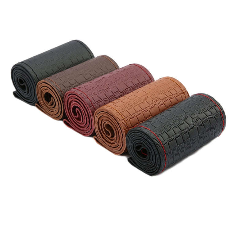 38cm Four-season Embossed Cowhide Hand-sewn Steering Wheel Cover(Coffee)