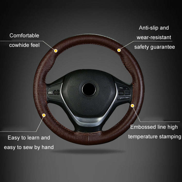 38cm Four-season Embossed Cowhide Hand-sewn Steering Wheel Cover(Black+Red Line)