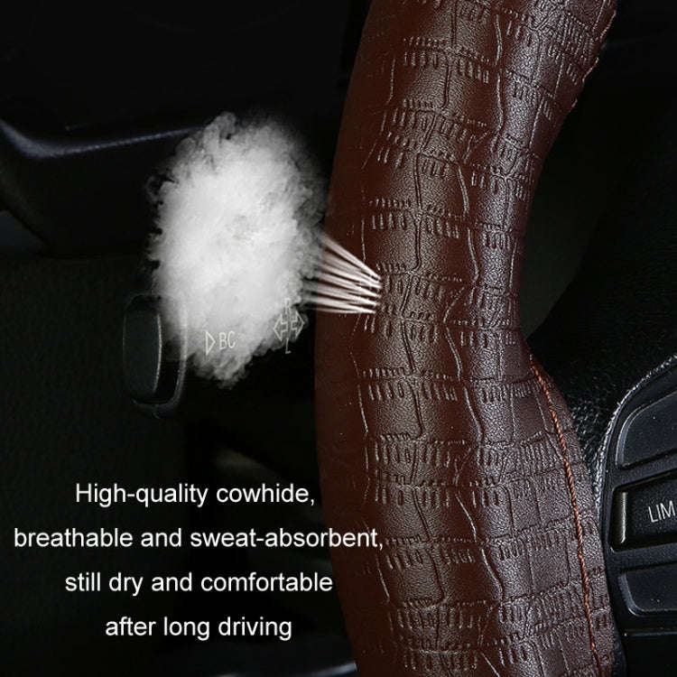 38cm Four-season Embossed Cowhide Hand-sewn Steering Wheel Cover(Black+Red Line)