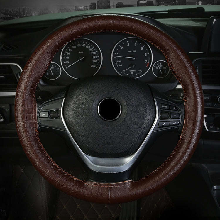 38cm Four-season Embossed Cowhide Hand-sewn Steering Wheel Cover(Black+Red Line)
