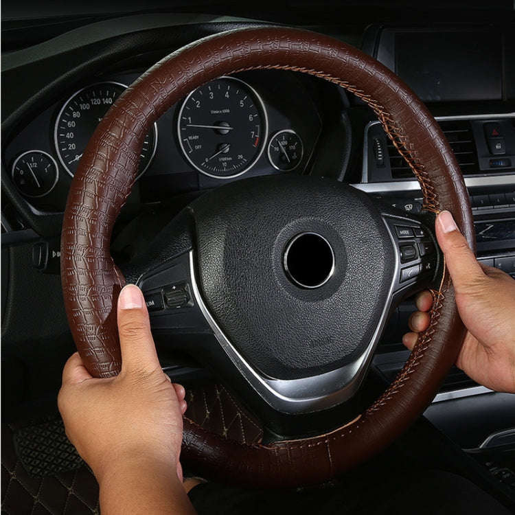 38cm Four-season Embossed Cowhide Hand-sewn Steering Wheel Cover(Black+Red Line)