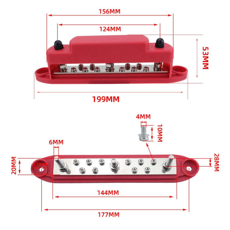 M6 3-post 10-way RV Yacht Short-circuit Proof Base DC Busbar, Color: Red