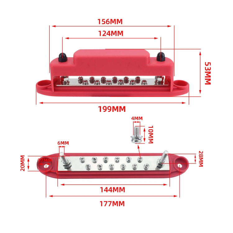 M6 2-post 12-way RV Yacht Terminal Nylon Flame Retardant Busbar, Color: Red