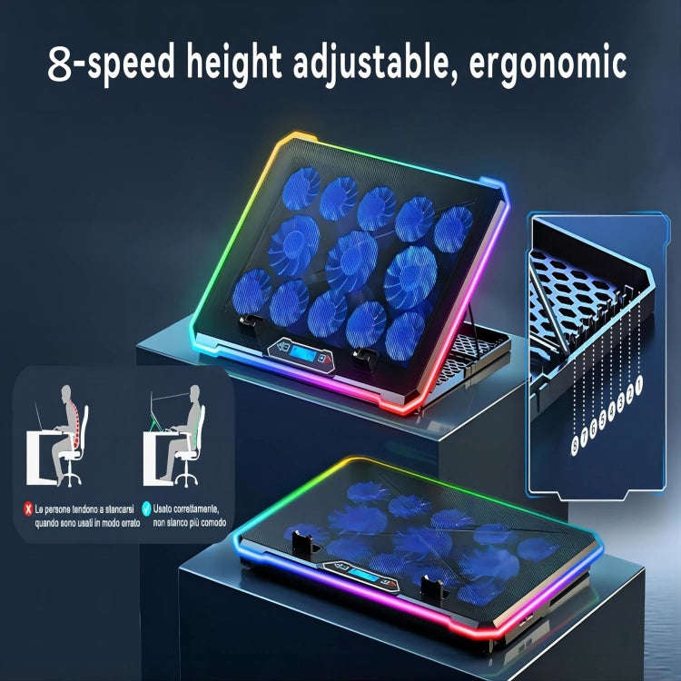 ICE COOREL K15C Smart Adjustable Laptop Radiator Base With RGB Lighting Effect, Color: 14 Fans
