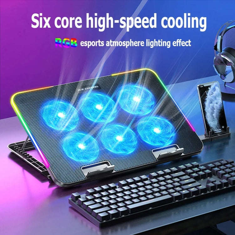 ICE COOREL A9R 6-fans Adjustable Laptop Stand Radiator with RGB Atmosphere Light(Black)