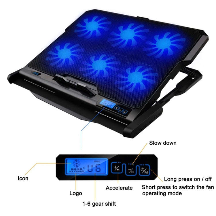 ICE COOREL K6 6-fans Adjustable LCD Display Laptop Stand Radiator(Black)