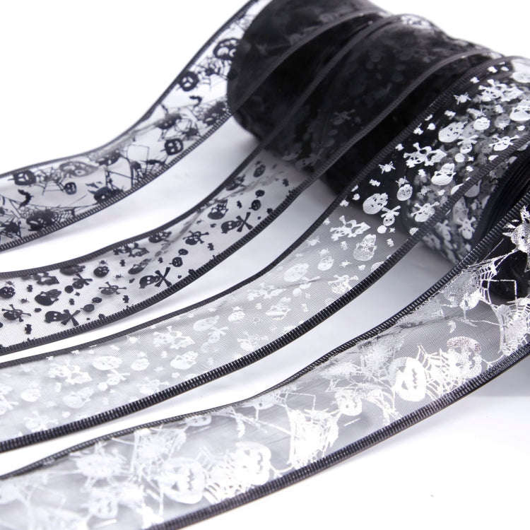 10m Halloween Decoration Gold-stamped Cartoon DIY Bow Ribbon(Black Pumpkin Spider Web)