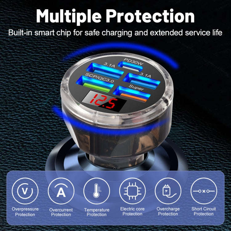 5 in 1 3-line Multi-port Car Charger With Digital Voltage Display(Boxed)