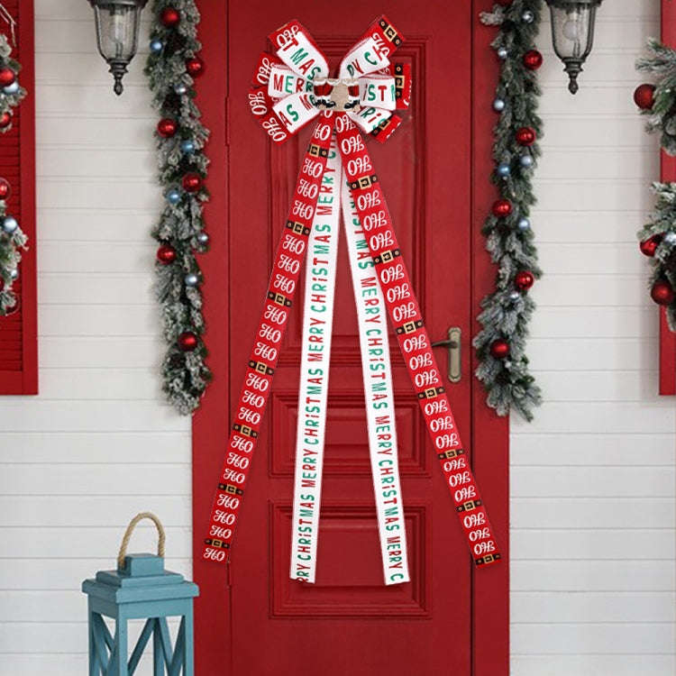 Christmas Tree Top Decoration Bow Imitation Linen Double-layer Bow Pendant(Red White Letters)