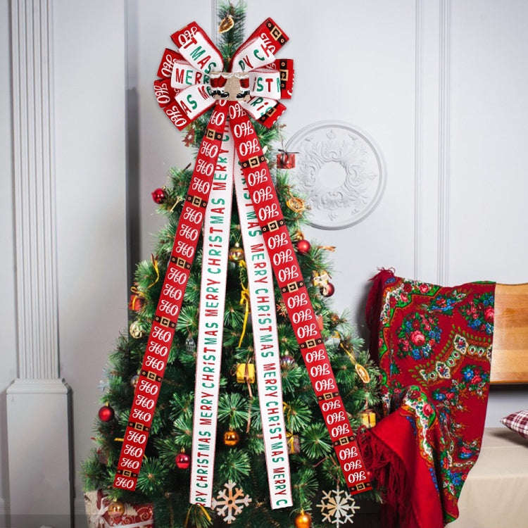 Christmas Tree Top Decoration Bow Imitation Linen Double-layer Bow Pendant(Red White Letters)
