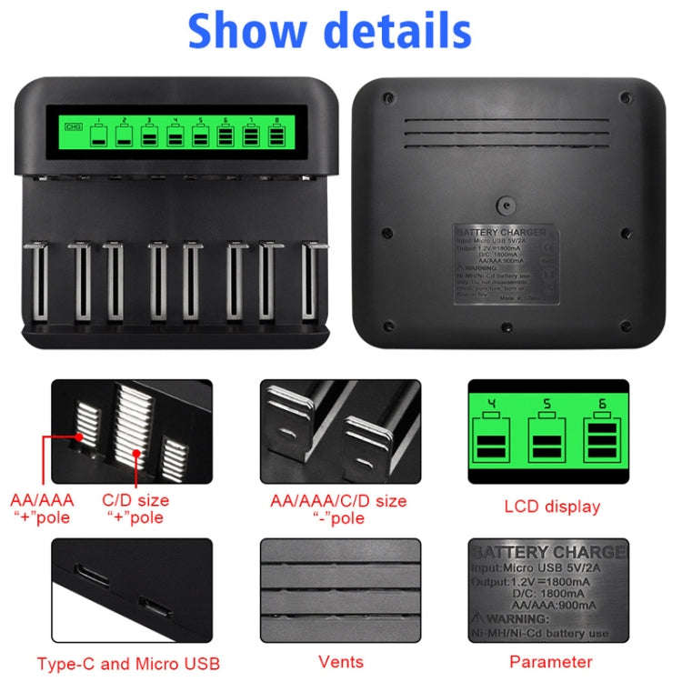 NC559 Eight-Slot LCD Multifunctional Battery Charger AA / AAA / C / D Charger