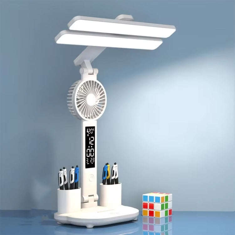 Double Head Horizontal Desk Lamp 3 Light Color Reading Lamp, Spec: Charging Fan Clock Model