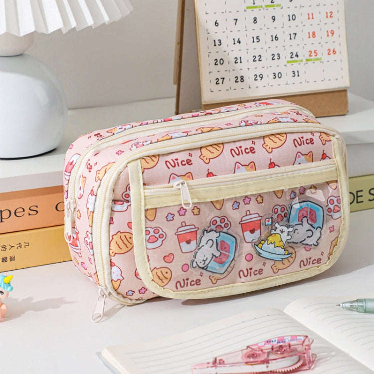 Large Capacity Waterproof Multi-layer Stationery Bag Transparent PVC Pencil Case(Pink Kitty)