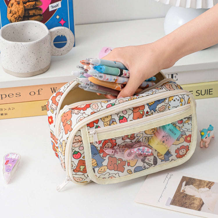 Large Capacity Waterproof Multi-layer Stationery Bag Transparent PVC Pencil Case(Bear and Partner)