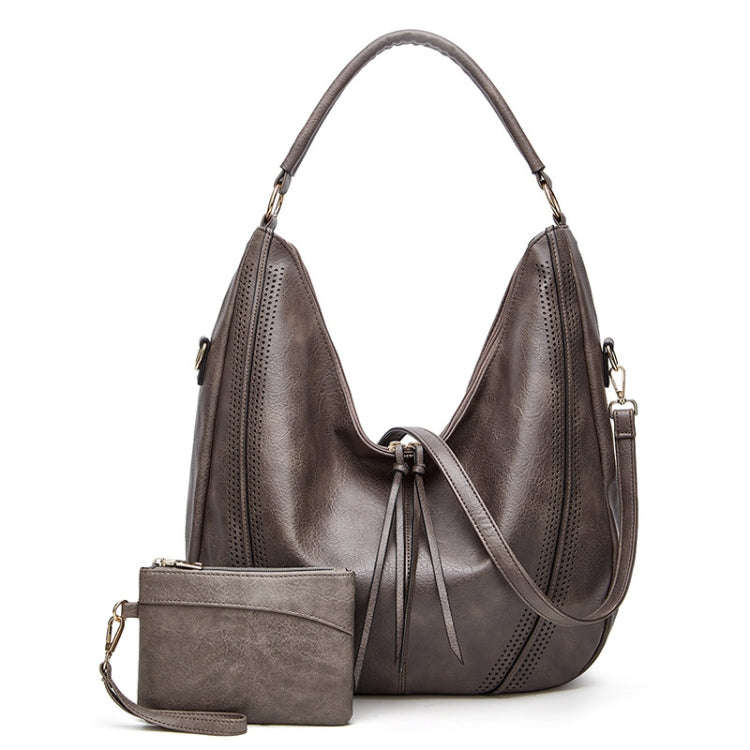 Women Large Capacity Tote Bag PU Leather Shoulder Bag 2 In 1 Light Gray