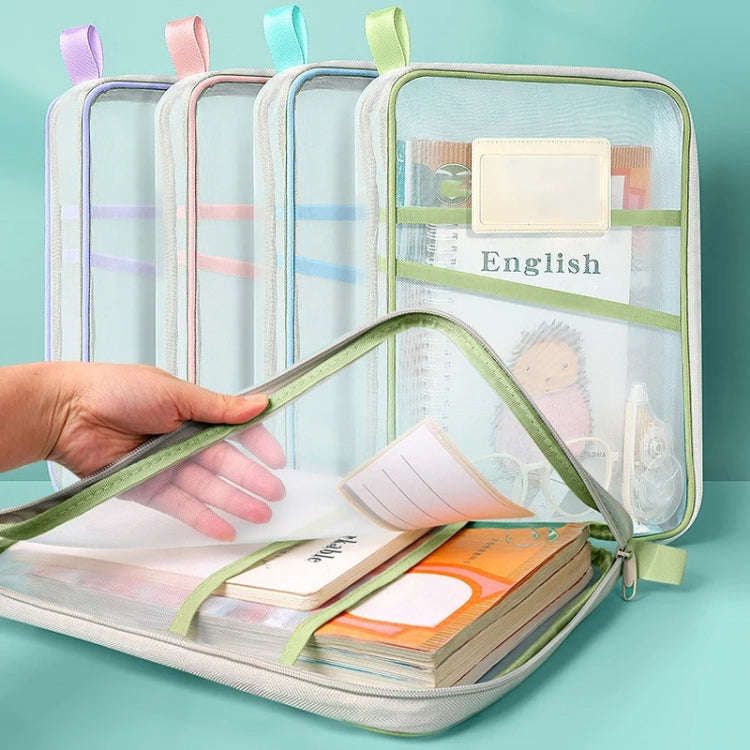 A4 Clear File Bag Student Books Stationery Storage Bag Thickened Mesh Zipper Pouch(Green)