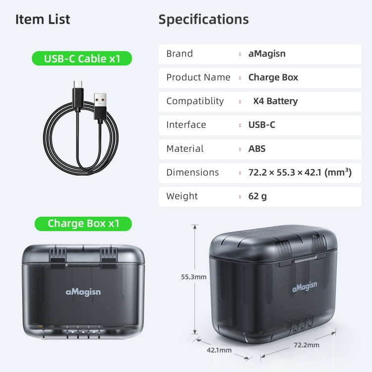 For Insta360 X4 AMagisn Dual Battery Charging Box Transparent Battery Storage Compartment