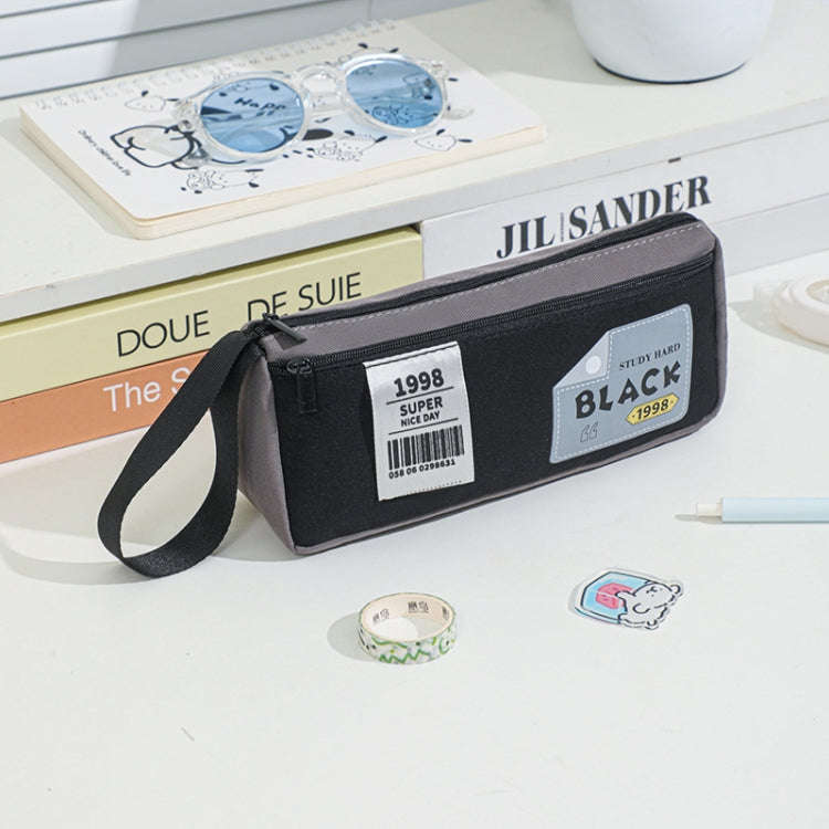 Retro Triangle Design Double-layer Handheld Pencil Case Student Stationery Bag(Black)