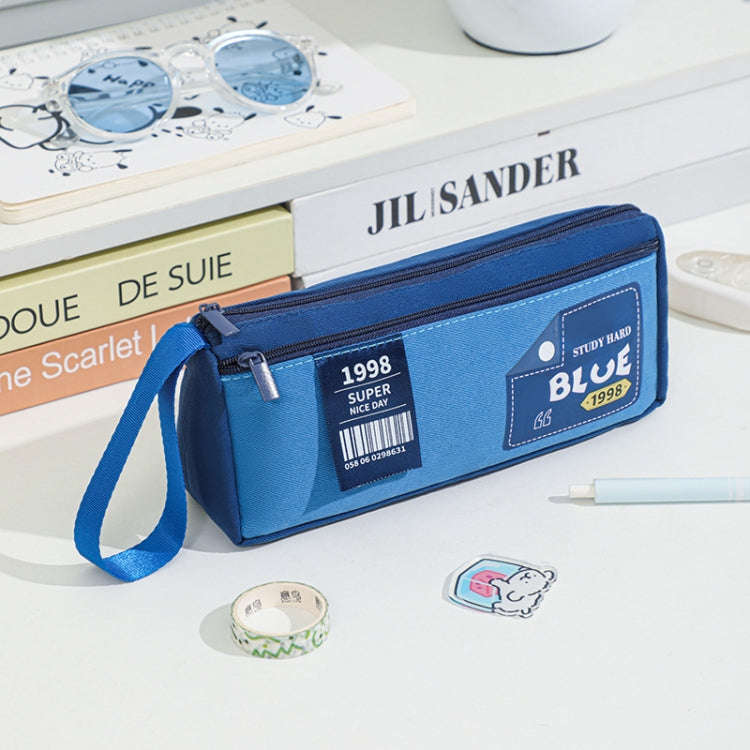 Retro Triangle Design Double-layer Handheld Pencil Case Student Stationery Bag(Navy Blue)