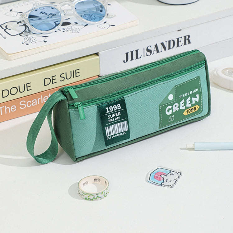 Retro Triangle Design Double-layer Handheld Pencil Case Student Stationery Bag(Green)