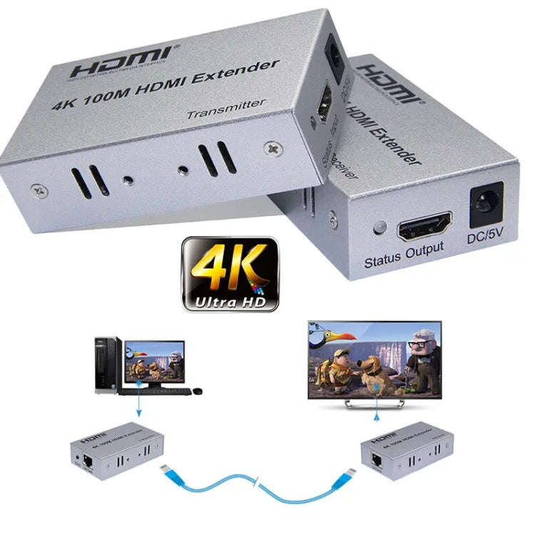 HDMI To RJ45 Single Ethernet Cable 100m Extender 4K HD Cable Signal Amplifier UK Plug(Silver)