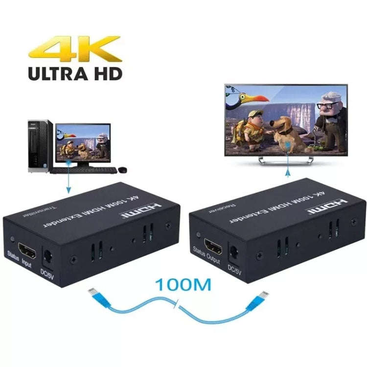 HDMI To RJ45 Single Ethernet Cable 100m Extender 4K HD Cable Signal Amplifier UK Plug(Silver)